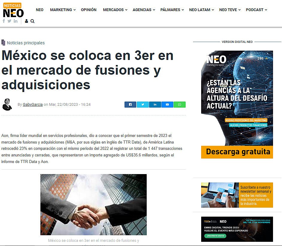 Mxico se coloca en 3er en el mercado de fusiones y adquisiciones